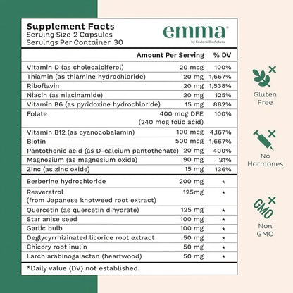 Emma Gut Health Doctors Endorsed Supplement - 60 Capsules - Relief from Gas and Bloating, Repairs Leaky Gut with Magnesium, Berberine, Vitamin D, Quercetin & More - Gut Health & Colon Cleanse Formula